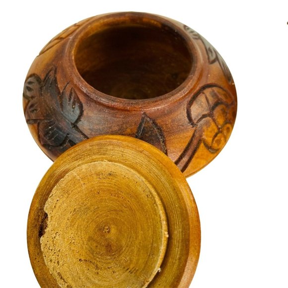 Lot 2 Vintage Carved Wooden Trinket Bowls Lids Hand Turned Arts Crafts u Primiti - Picture 3 of 8